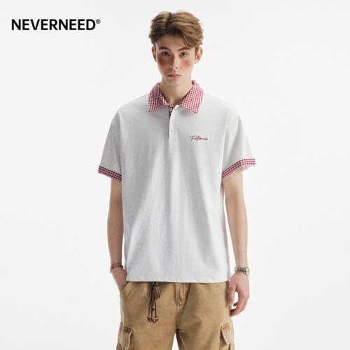 NEVERNEED美式字母格纹短袖T恤
