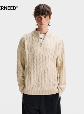 NEVERNEED老钱风半拉链立领麻花毛衣男女冬季慵懒风情侣针织毛衫