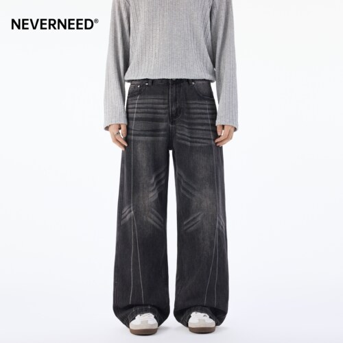 NEVERNEED黑色水洗微喇牛仔裤男