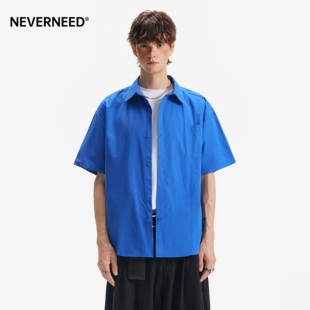 男女春季 衬衫 潮牌复古休闲宽松纯棉衬衣潮 纯色短袖 NEVERNEED美式