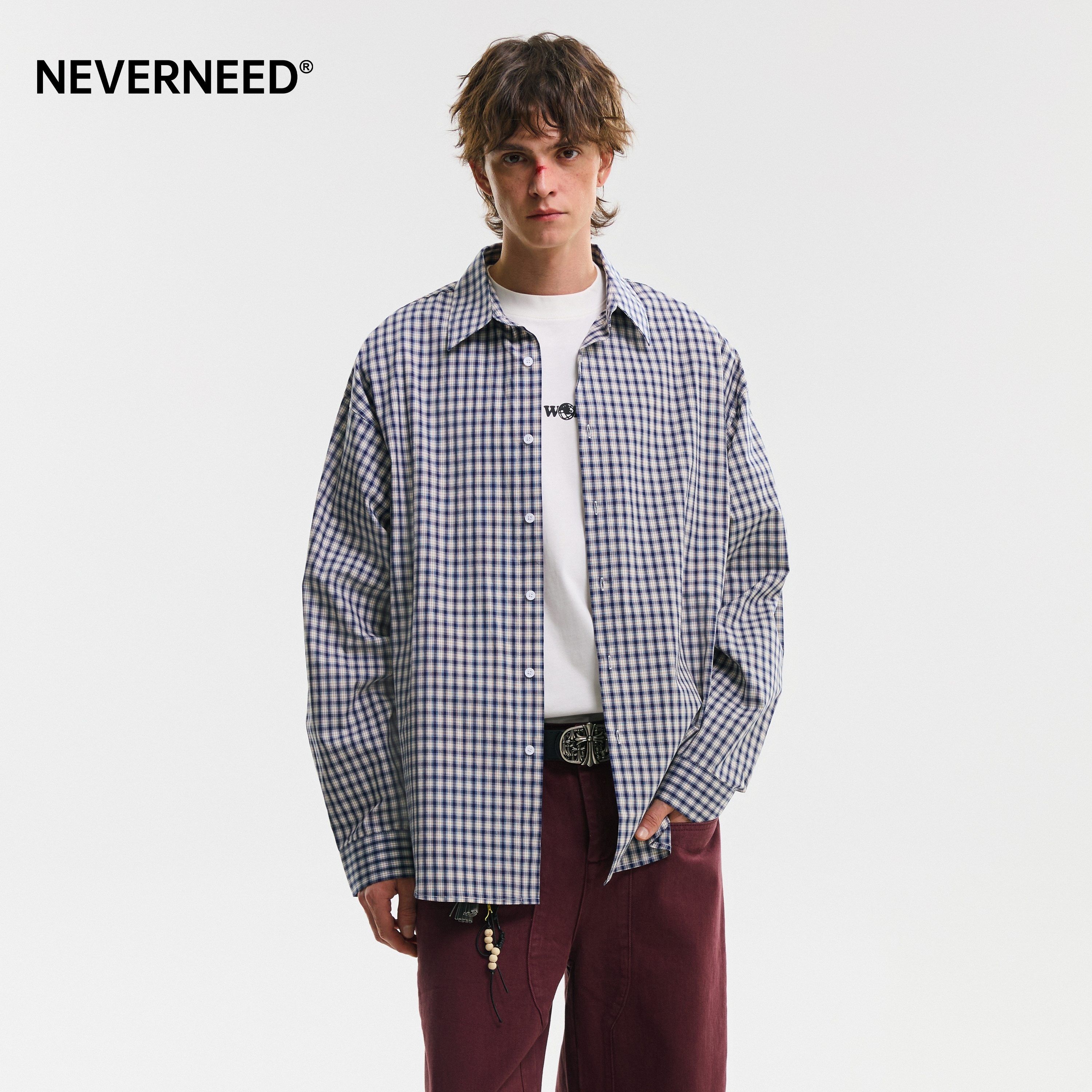 NEVERNEED格子翻领衬衫男女图片