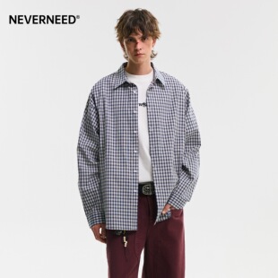 NEVERNEED格子翻领衬衫男女春季美式cleanfit肌理感休闲长袖衬衣