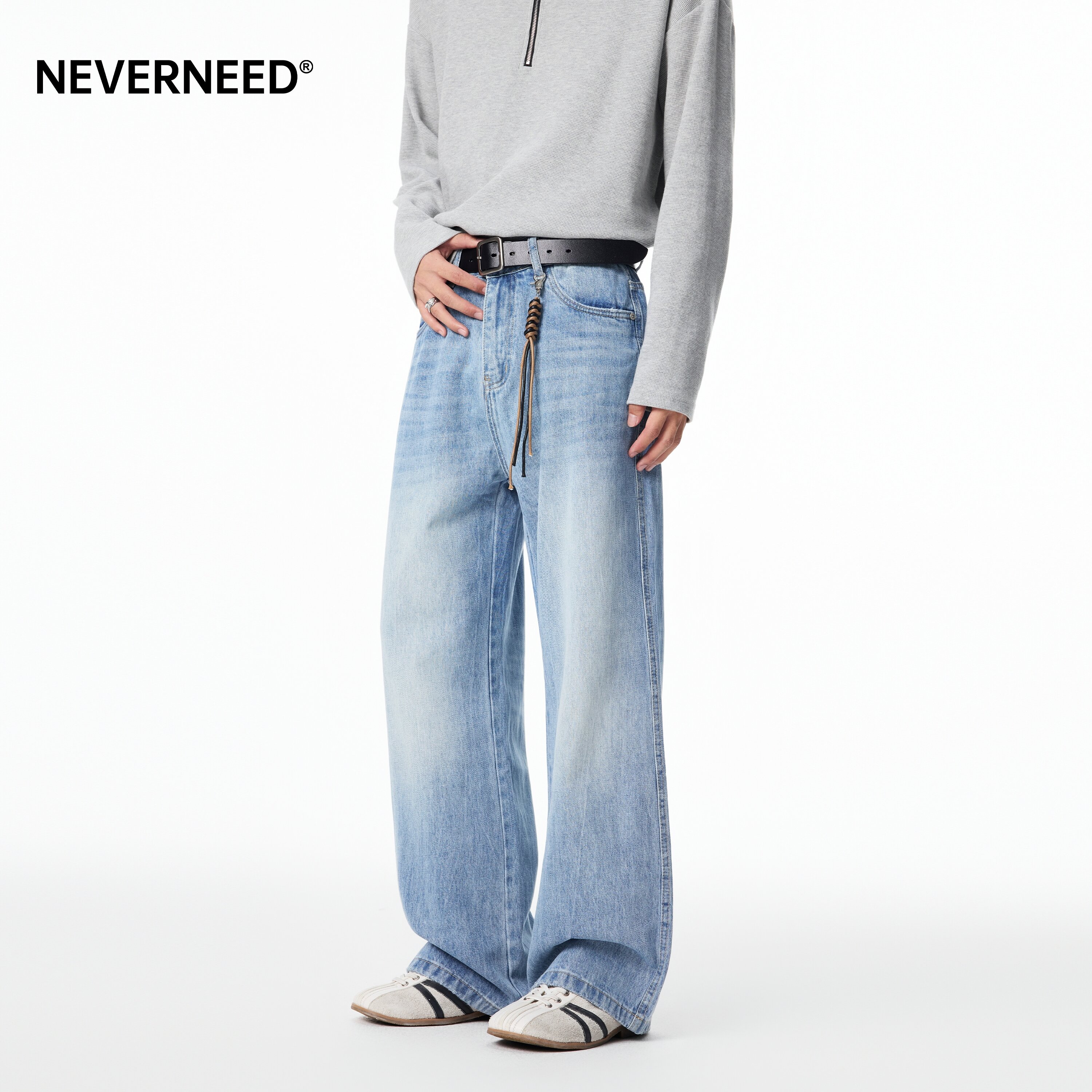 NEVERNEED水洗牛仔裤男女秋季美式复古cleanfit猫须宽松直筒A字裤