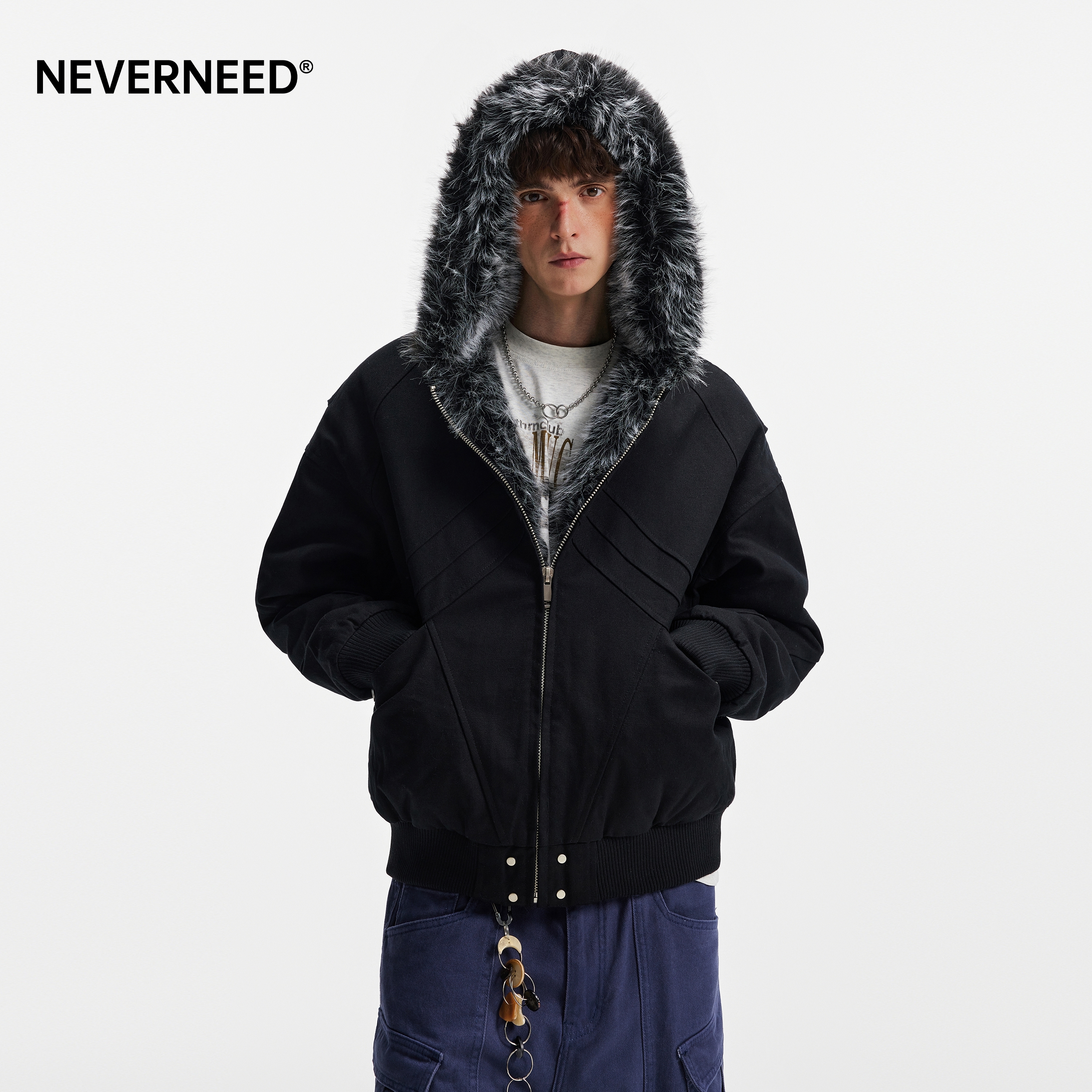 美式帆布座山雕毛领棉服短款外套