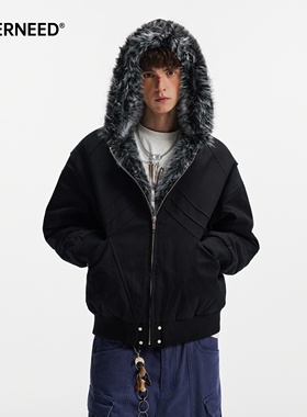 NEVERNEED美式帆布座山雕毛领棉服男女冬季保暖加绒加厚短款外套