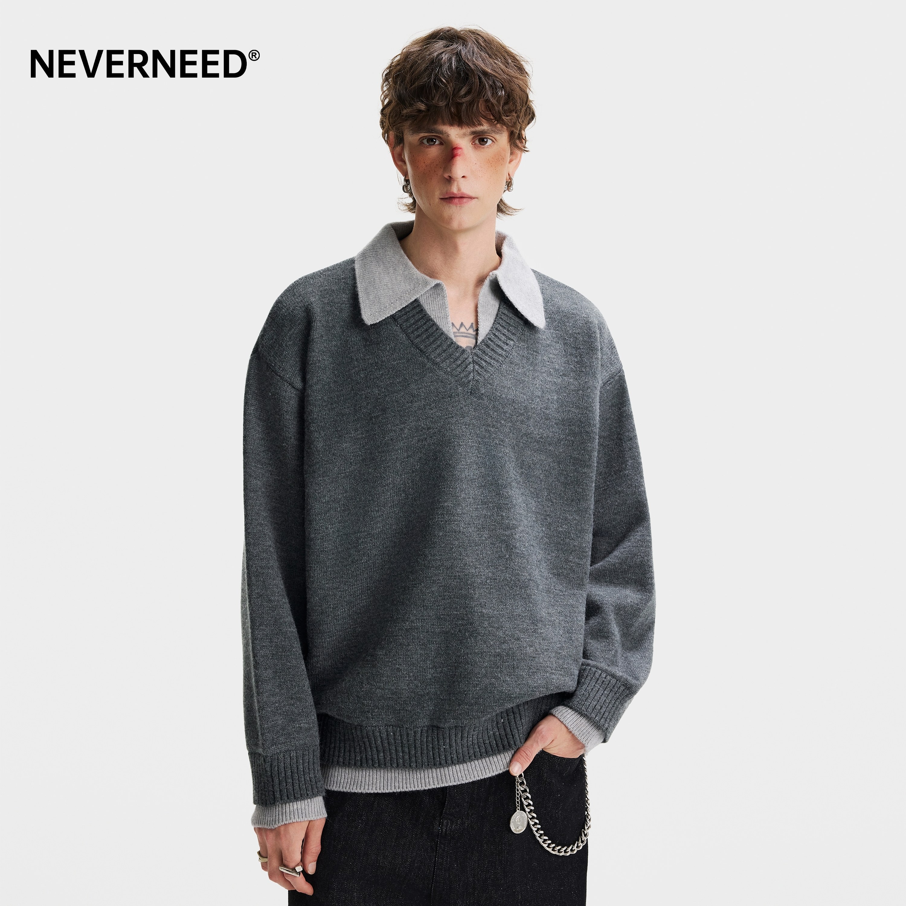 NEVERNEED假两件polo领毛衣男图片
