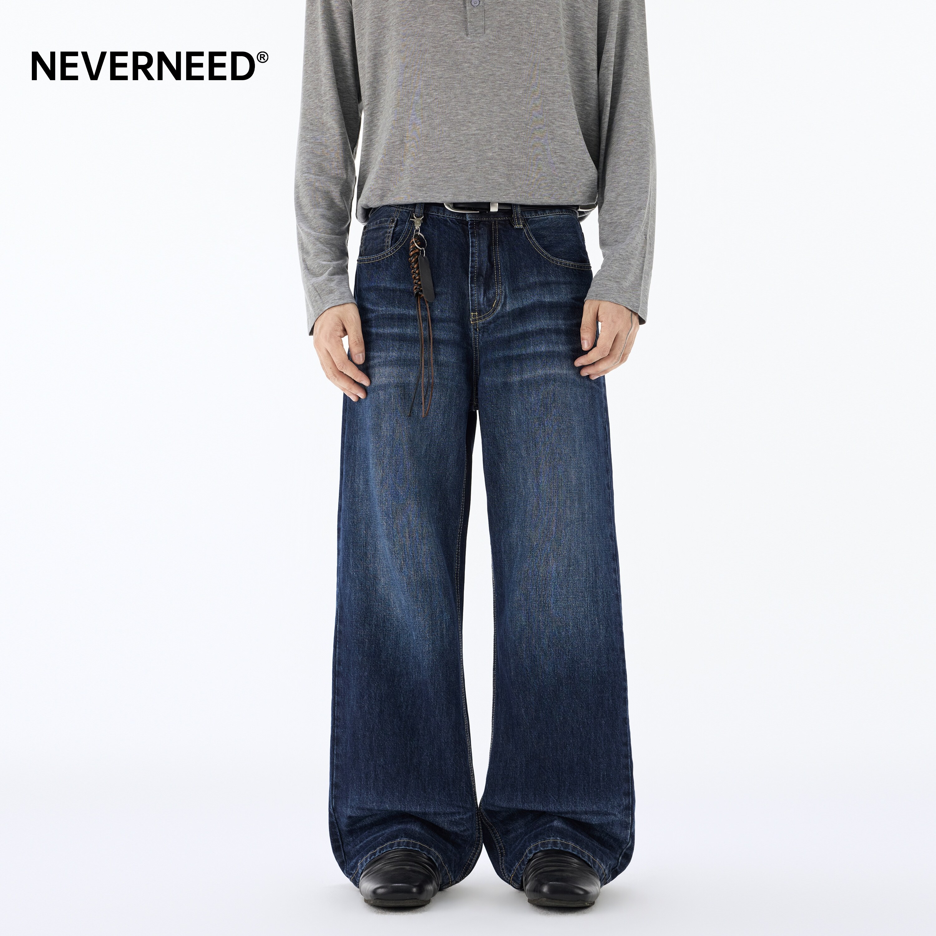 NEVERNEED立体猫须直筒牛仔裤男女春季美式复古vintage水洗阔腿裤