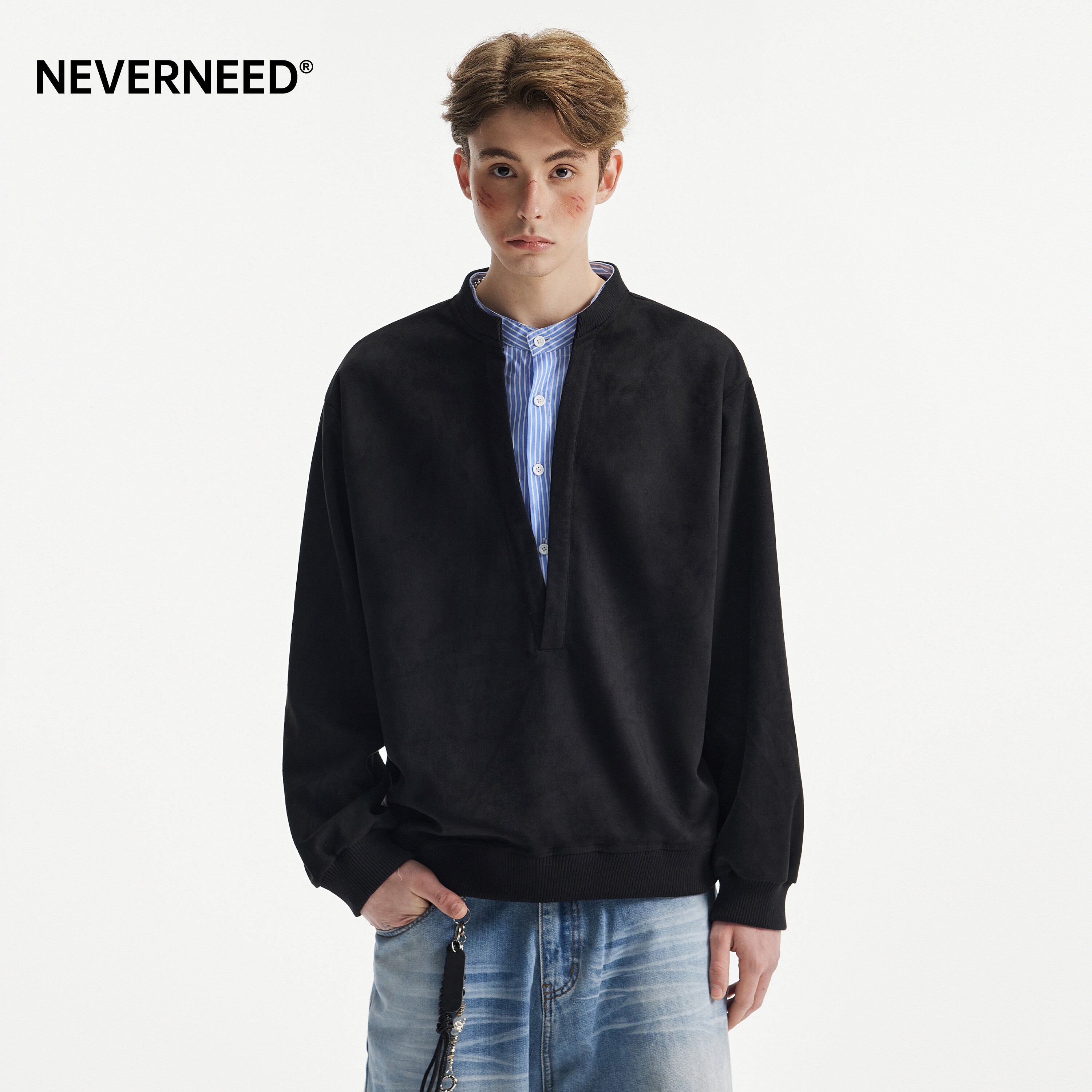 NEVERNEED拼接假两件V领卫衣男图片