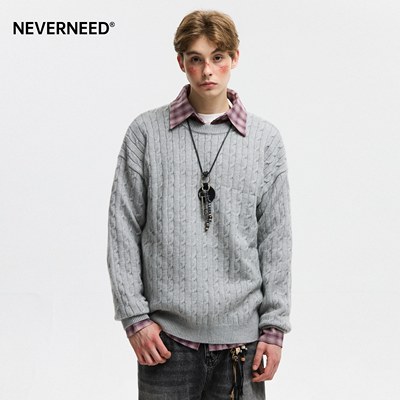 NEVERNEED白色麻花毛衣男女秋季