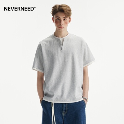 NEVERNEED假两件V领短袖T恤男女
