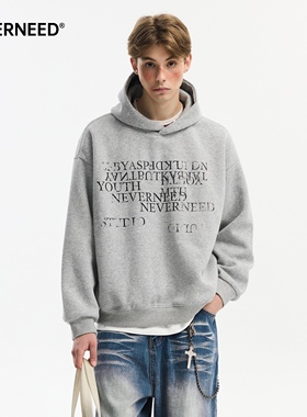 NEVERNEED重磅印花连帽卫衣男秋季美式潮牌cleanfit情侣套头上衣