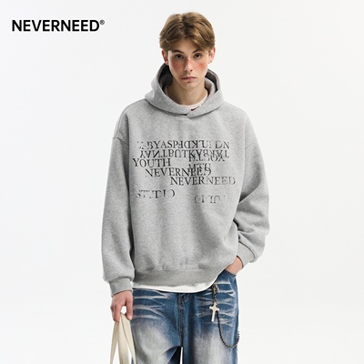 NEVERNEED重磅印花连帽卫衣男