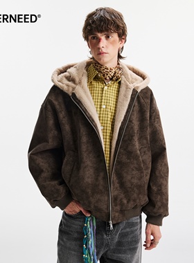 NEVERNEED座山雕PU皮连帽棉衣男女冬季美式复古保暖情侣毛领棉服