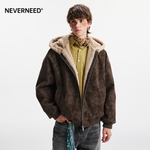 NEVERNEED座山雕PU皮连帽棉衣男女冬季 复古保暖情侣毛领棉服 美式
