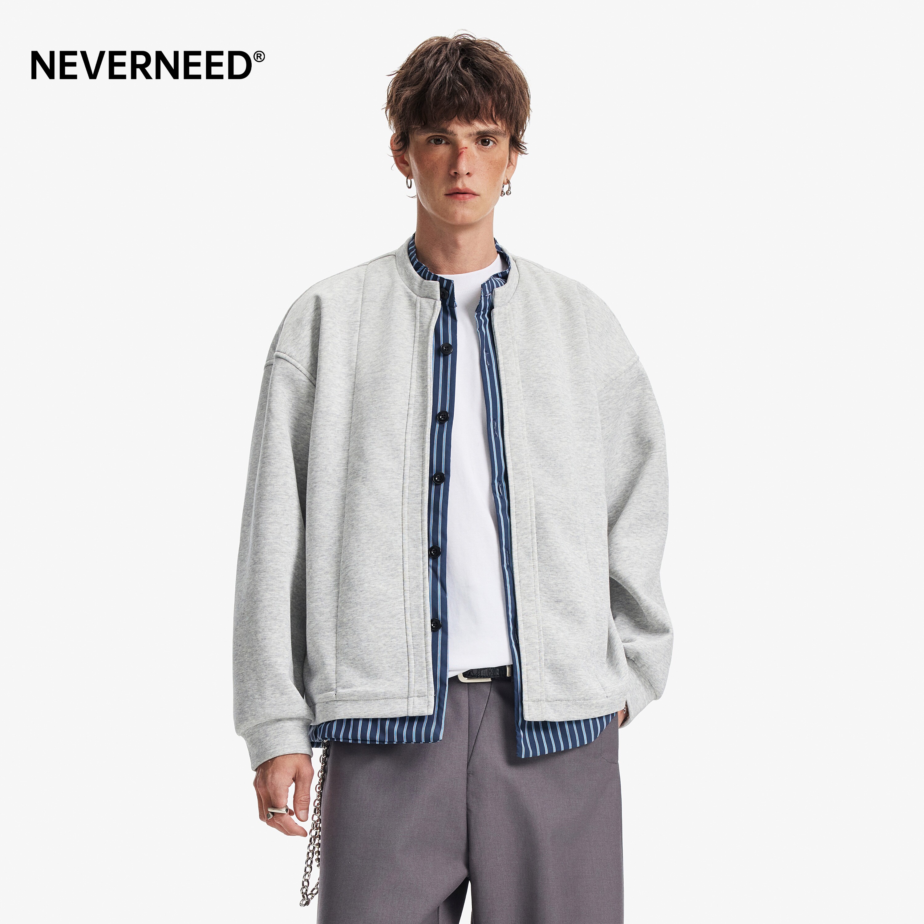 NEVERNEED假两件条纹开衫卫衣男图片