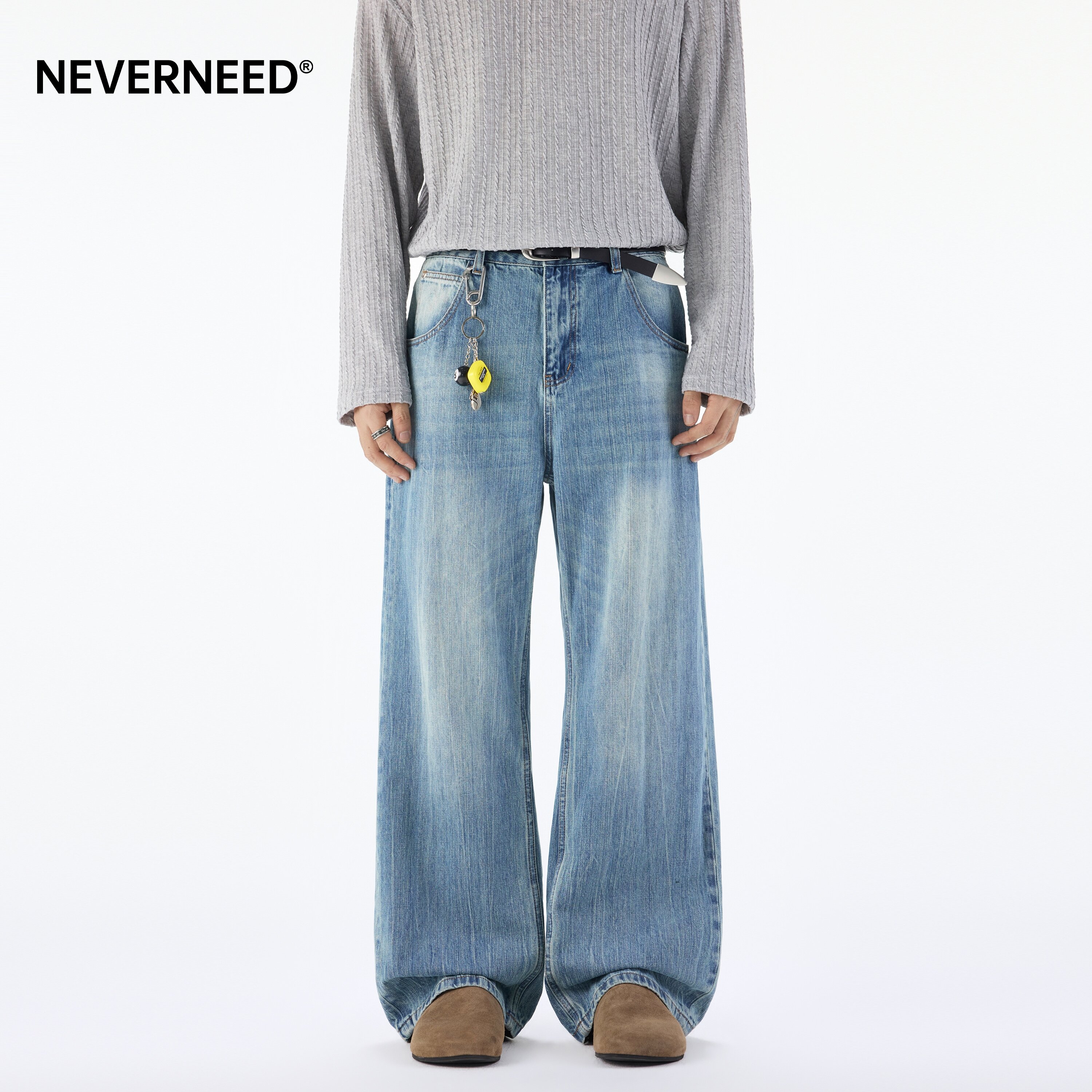 NEVERNEED闪电裂纹直筒牛仔裤男图片