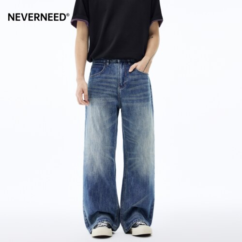 NEVERNEED竹节蓝直筒牛仔裤男
