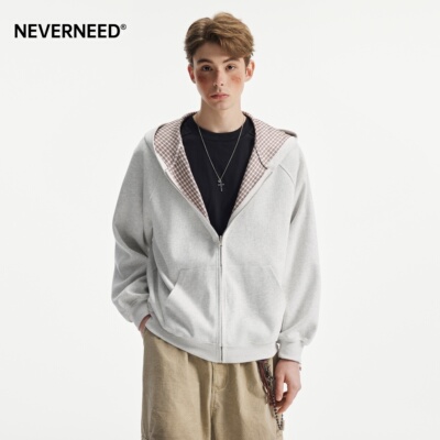 NEVERNEED双面穿格纹连帽卫衣男