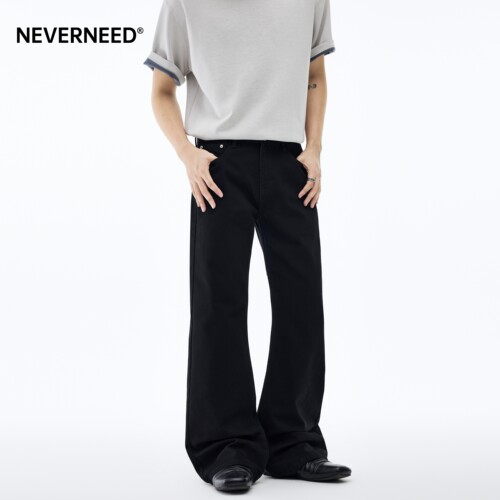 NEVERNEED黑色宽松微喇牛仔裤男
