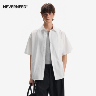 男女春季 衬衫 简约休闲宽松纯色衬衣潮 纯棉廓形短袖 NEVERNEED美式