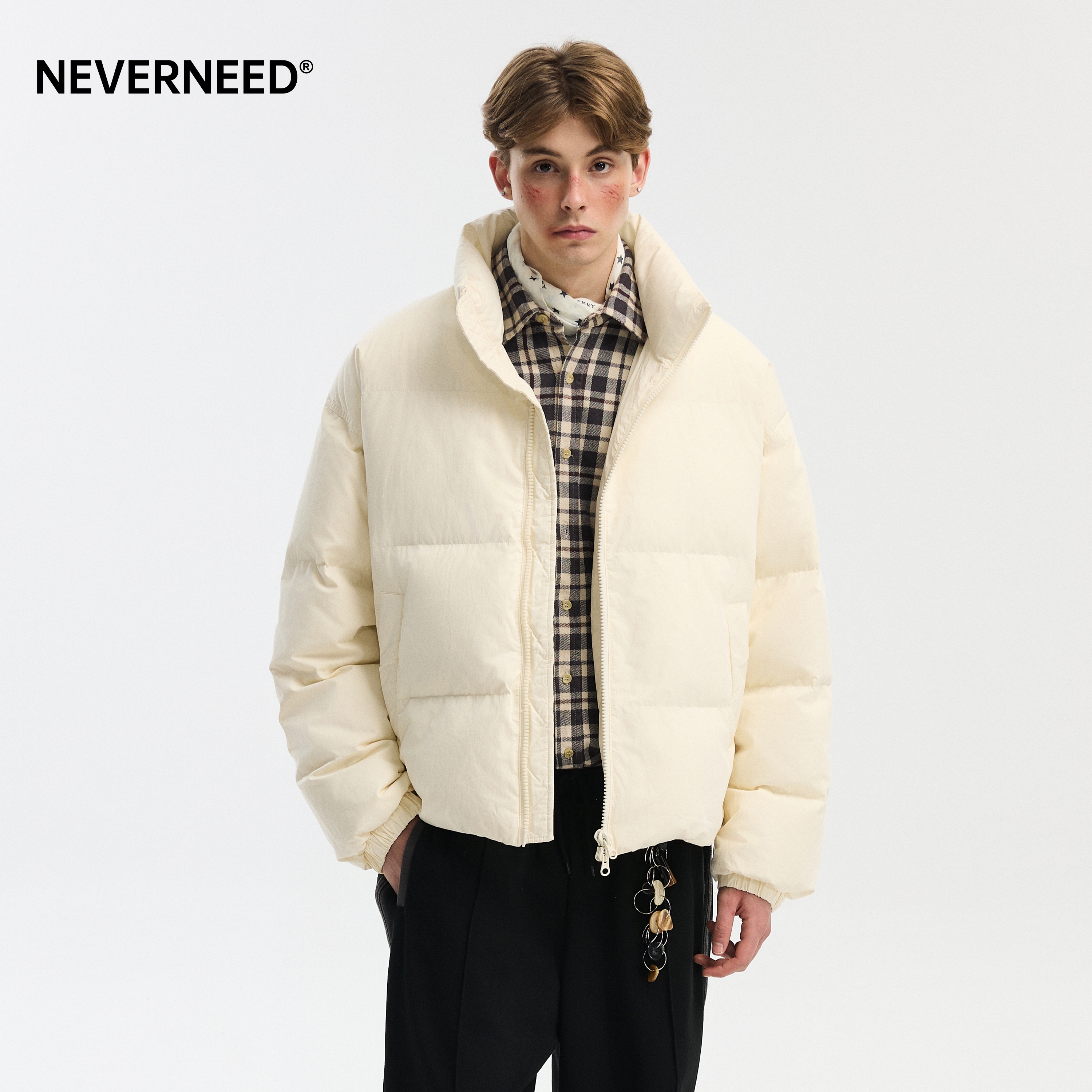 NEVERNEED双拉链短款羽绒服男