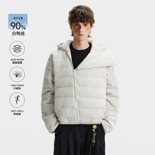 NEVERNEED斜拉链连帽排骨羽绒服男女冬季美式复古保暖情侣装外套