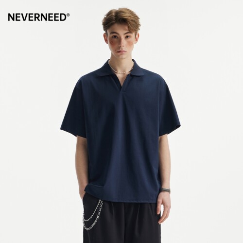 NEVERNEED美式纯色V领POLO衫男女