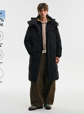 NEVERNEED黑色可拆卸连帽羽绒服男女冬季美式中长款加厚保暖外套