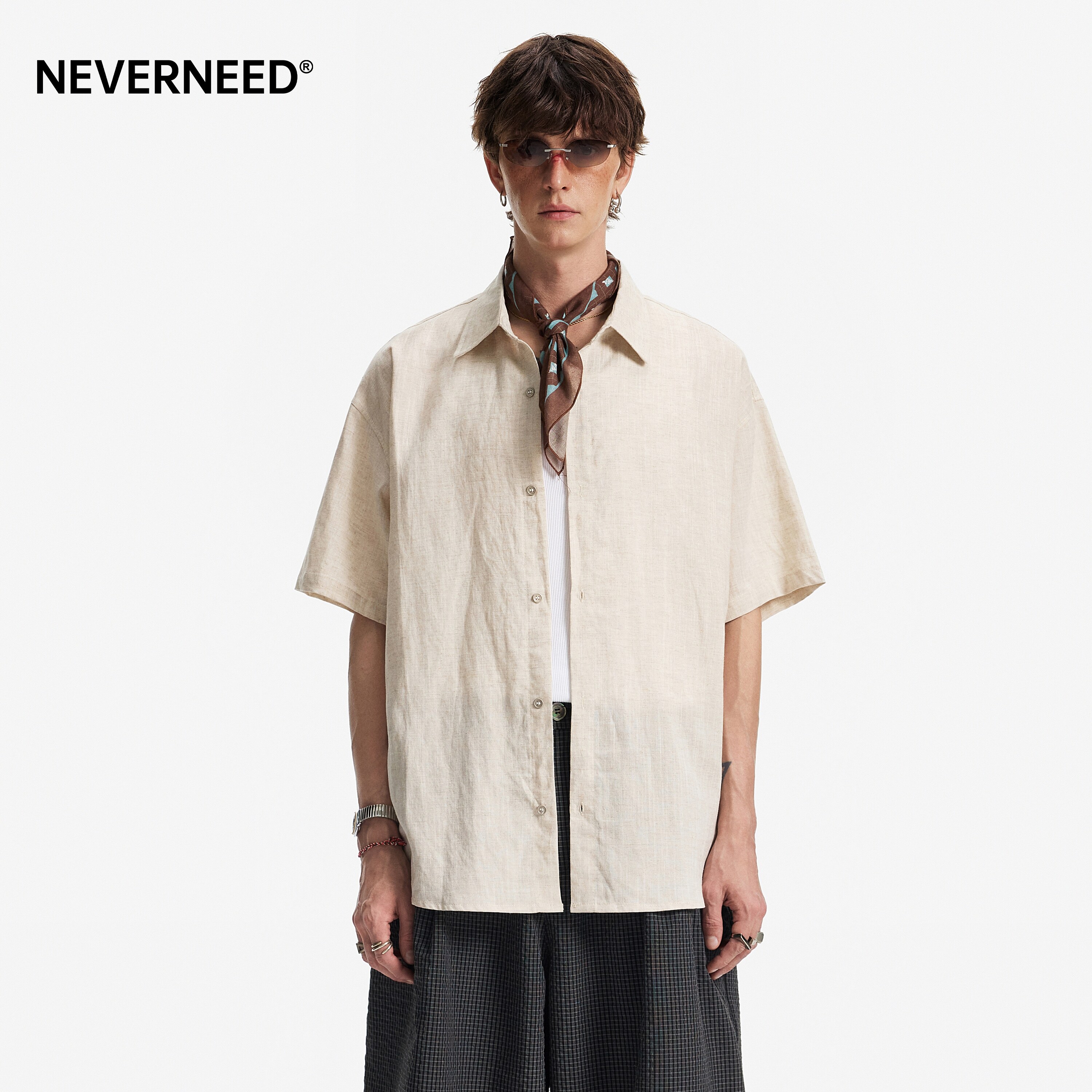 NEVERNEED莱赛尔亚麻短袖衬衫男女夏季美式复古休闲情侣翻领衬衣图片