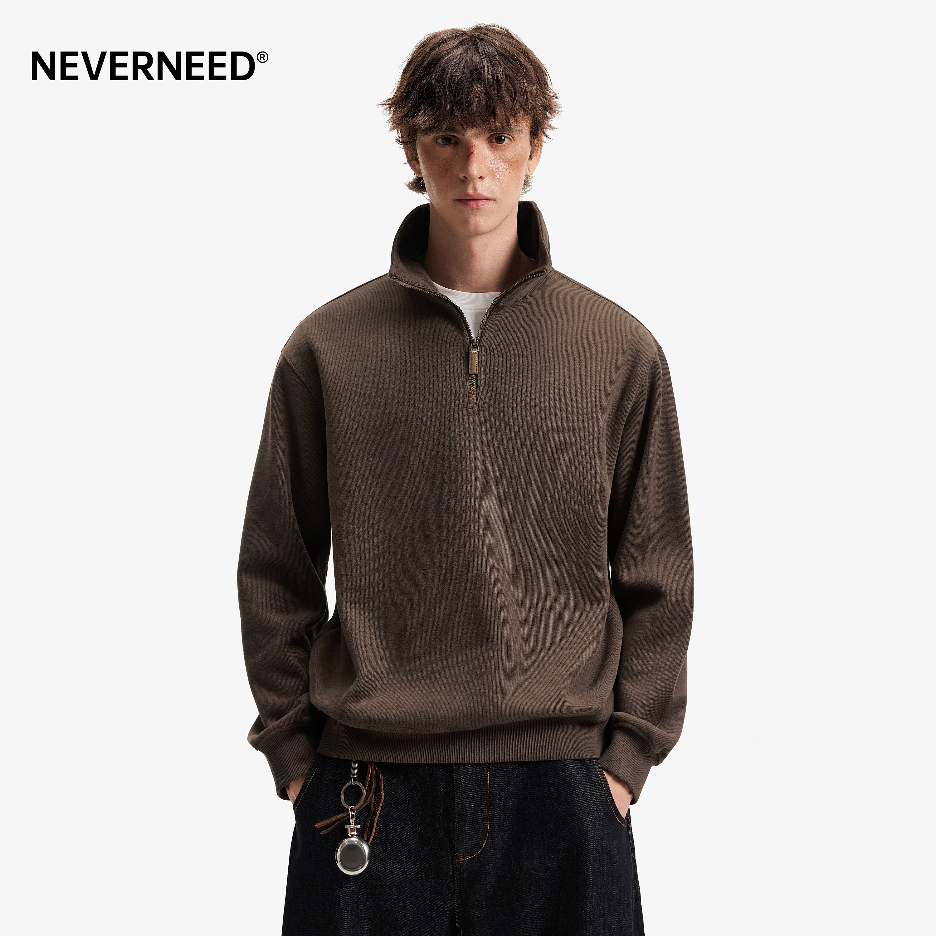NEVERNEED半拉链立领卫衣男秋季新款老钱风长袖套头运动上衣外套图片