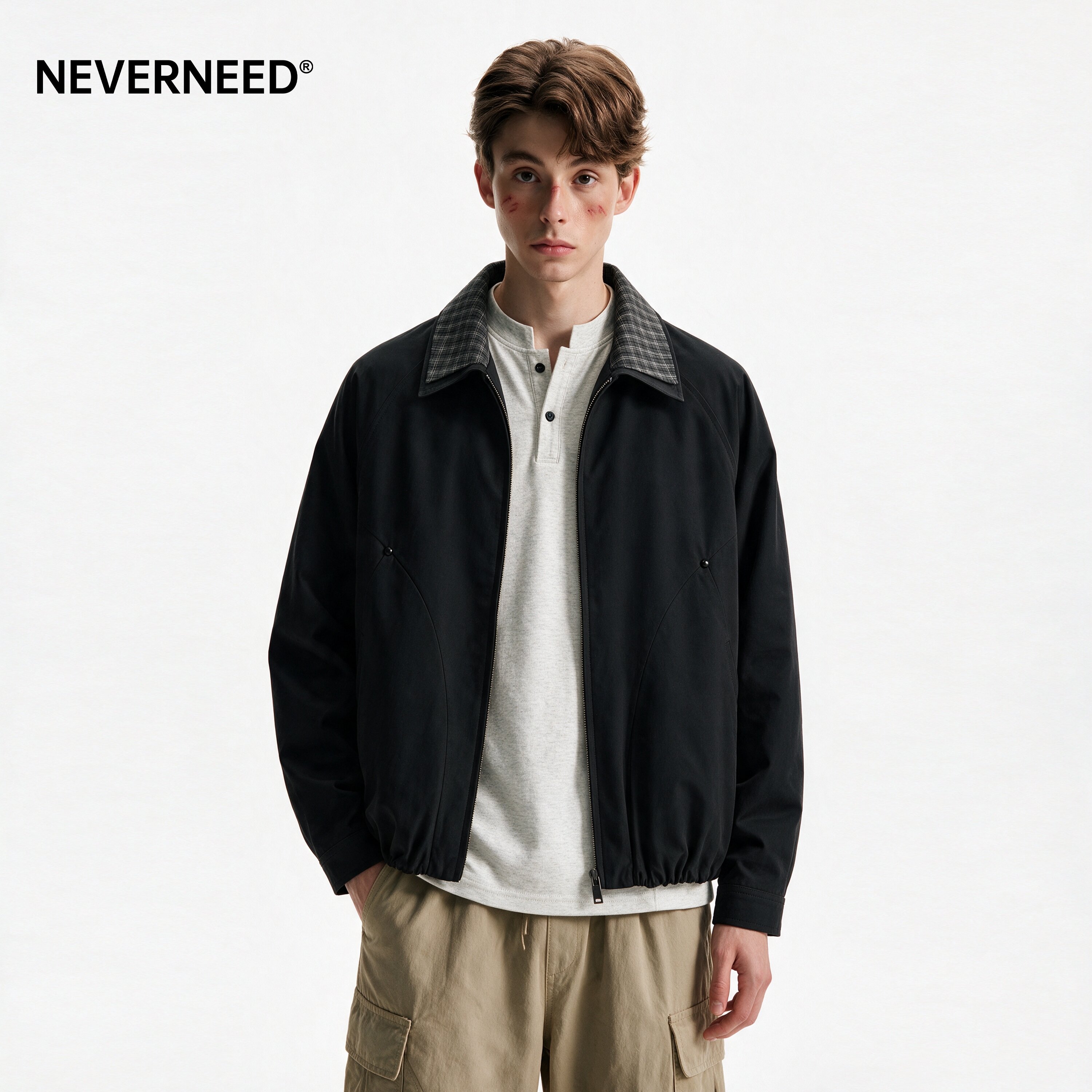 NEVERNEED解构拼接格纹翻领夹克图片