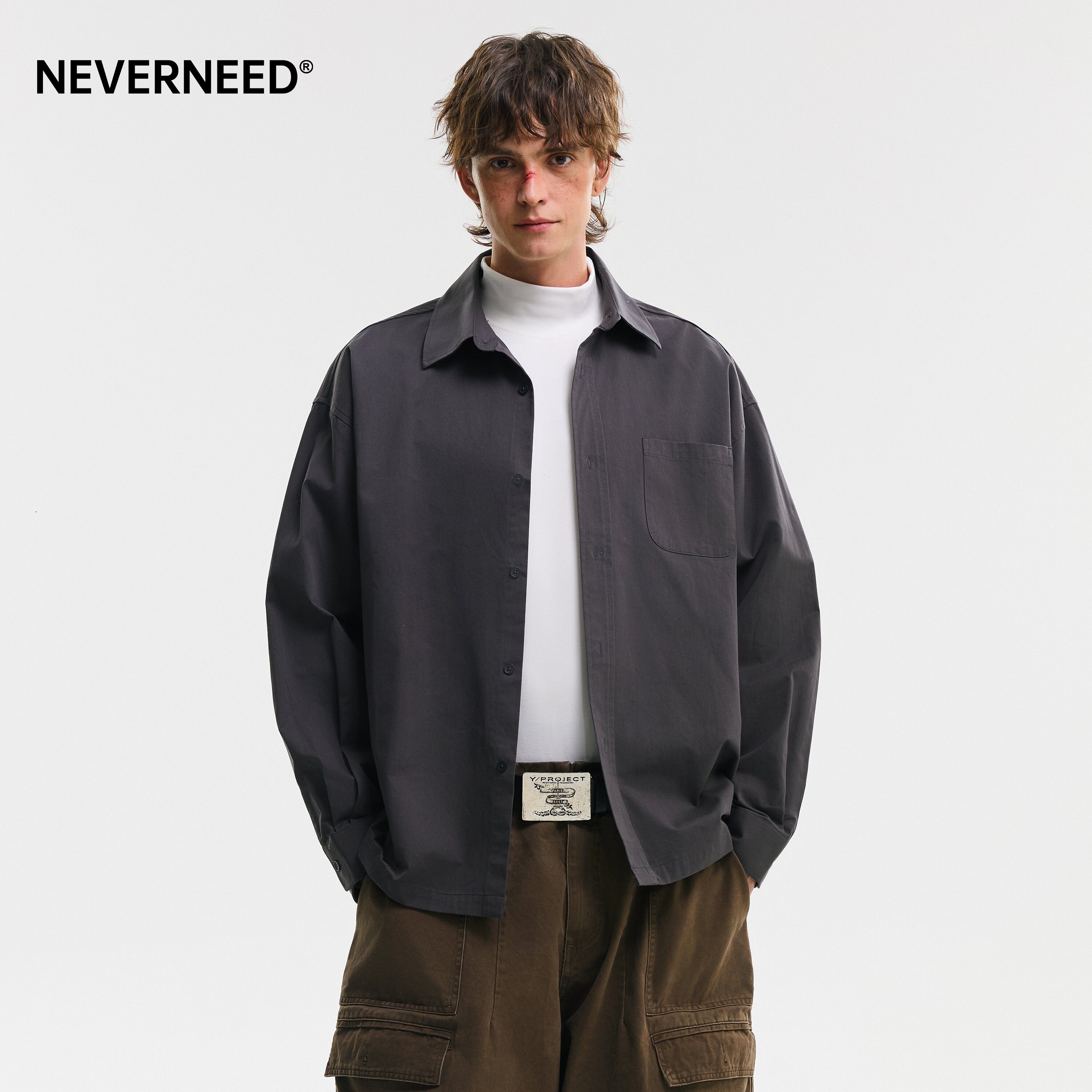 NEVERNEED美式纯棉翻领衬衫男女图片