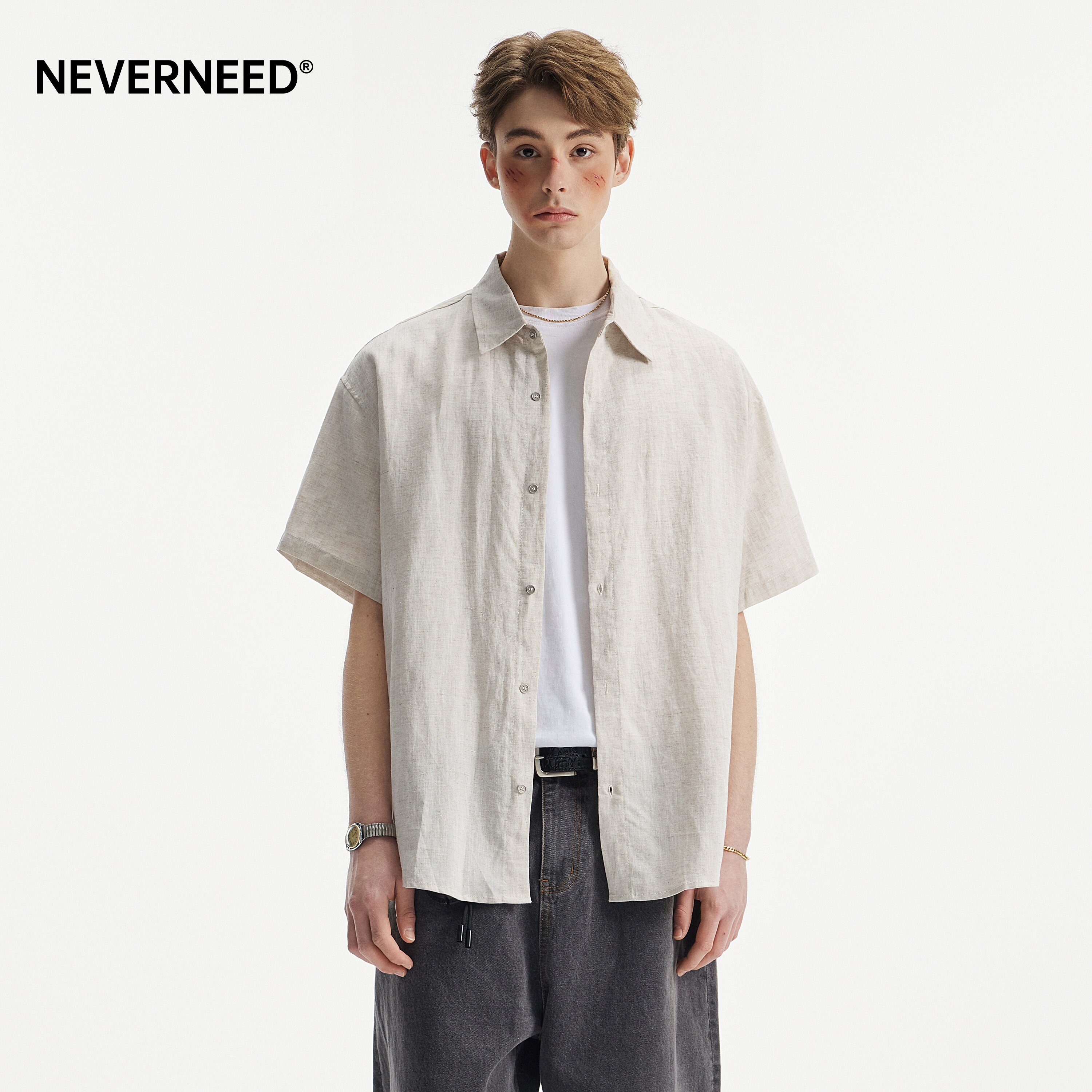 NEVERNEED亚麻天丝短袖翻领衬衫图片