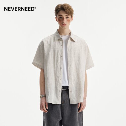 NEVERNEED亚麻天丝短袖翻领衬衫