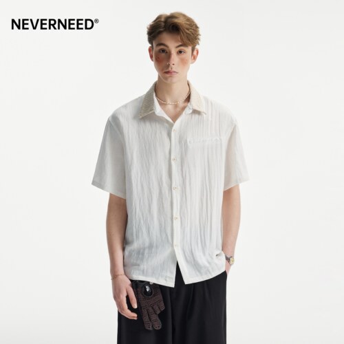 NEVERNEED亚麻天丝提花翻领衬衫