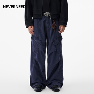 复古褶皱多口袋伞兵裤 NEVERNEED拼接解构工装 美式 男女秋季 休闲裤