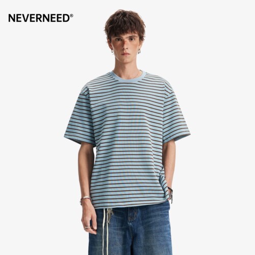 NEVERNEED纯棉撞色条纹短袖T恤男