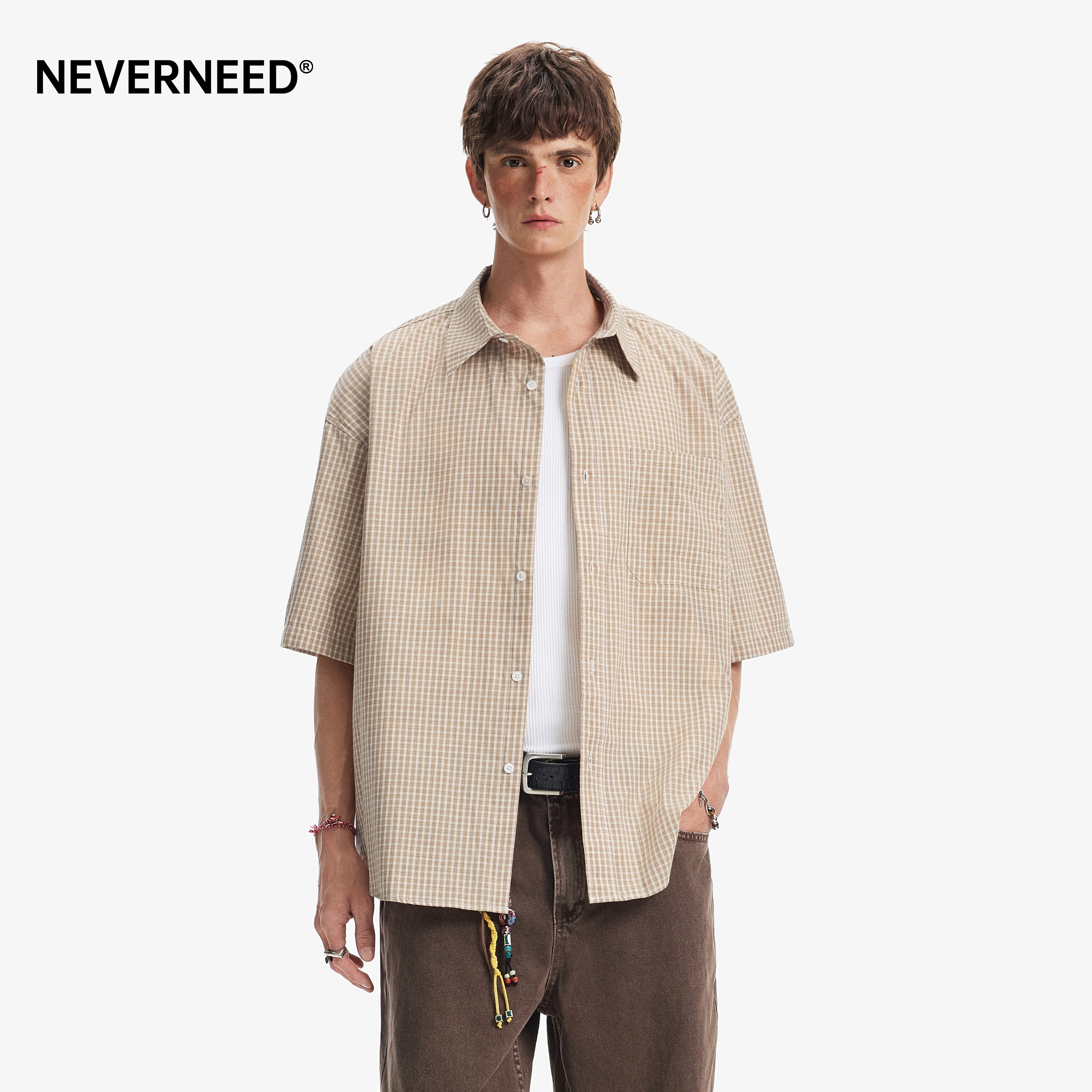 NEVERNEED复古纯棉格子衬衫男女图片