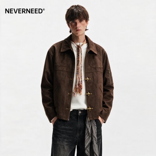NEVERNEED飞机扣麂皮夹克男女秋
