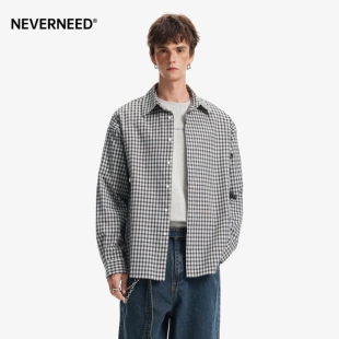 复古宽松情侣长袖 美式 衬衣 男女春季 NEVERNEED肌理感格子翻领衬衫