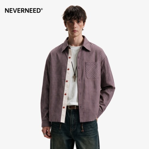 NEVERNEED格子翻领衬衫男女