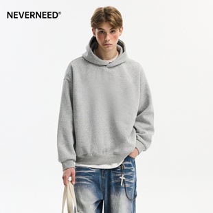 boxy外套帽衫 NEVERNEED灰色重磅加绒连帽套头卫衣男女秋冬季 短款