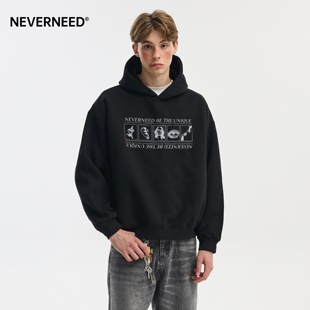 NEVERNEED美式 廓形套头上衣 复古cleanfit重磅连帽卫衣男boxy短款