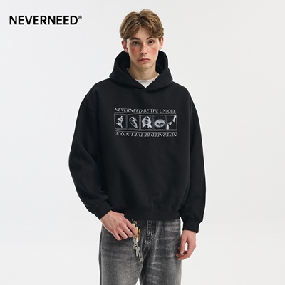 NEVERNEED黑色重磅连帽卫衣男女