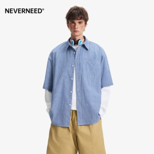 复古宽松情侣短袖 男女春季 衬衣外套潮 纯棉格纹衬衫 NEVERNEED美式