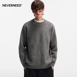 NEVERNEED纯色圆领套头毛衣男女秋季美式慵懒风休闲内搭针织衫潮