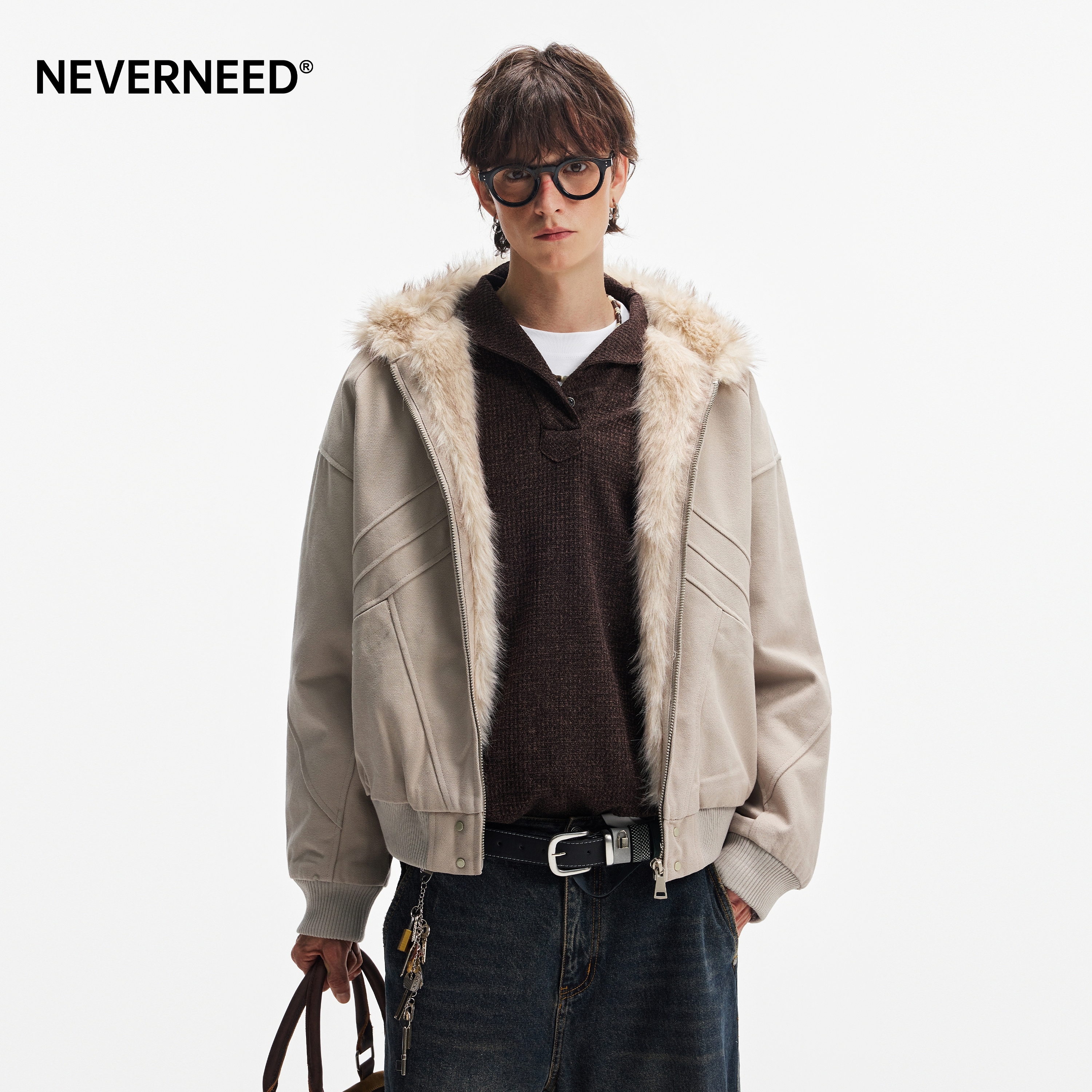 NEVERNEED座山雕连帽棉衣外套