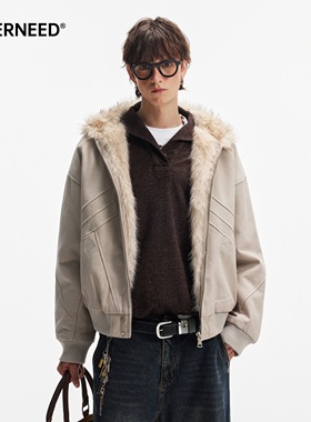 NEVERNEED美式复古boxy廓形座山雕连帽棉衣男仿兔毛解构棉服外套