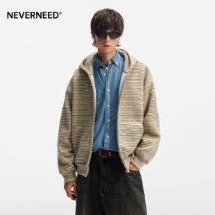 NEVERNEED美式 外套 cleanfit条纹连帽卫衣男女重磅慵懒风休闲开衫