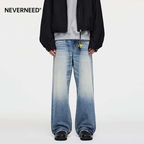 NEVERNEED猫须宽松直筒牛仔裤男